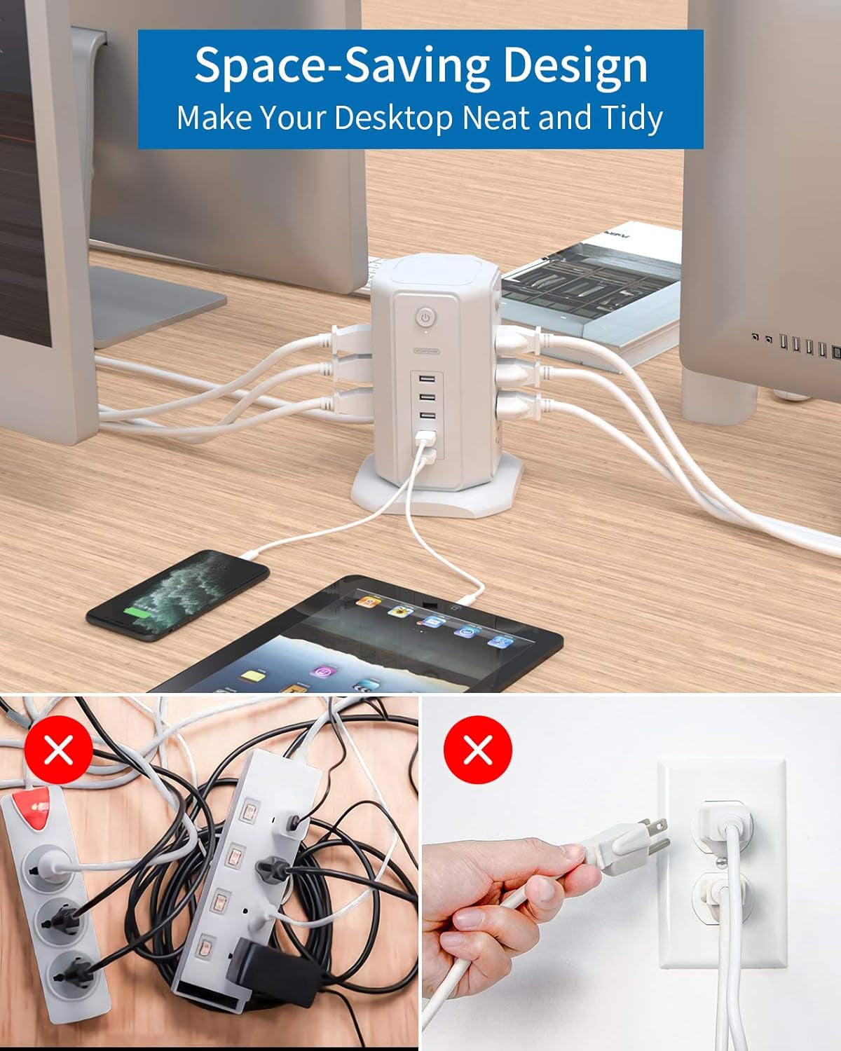 Power Strip Tower Surge Protector - Ultimate Charging Station with 8 Outlets, Perfect for Home and Office Use"