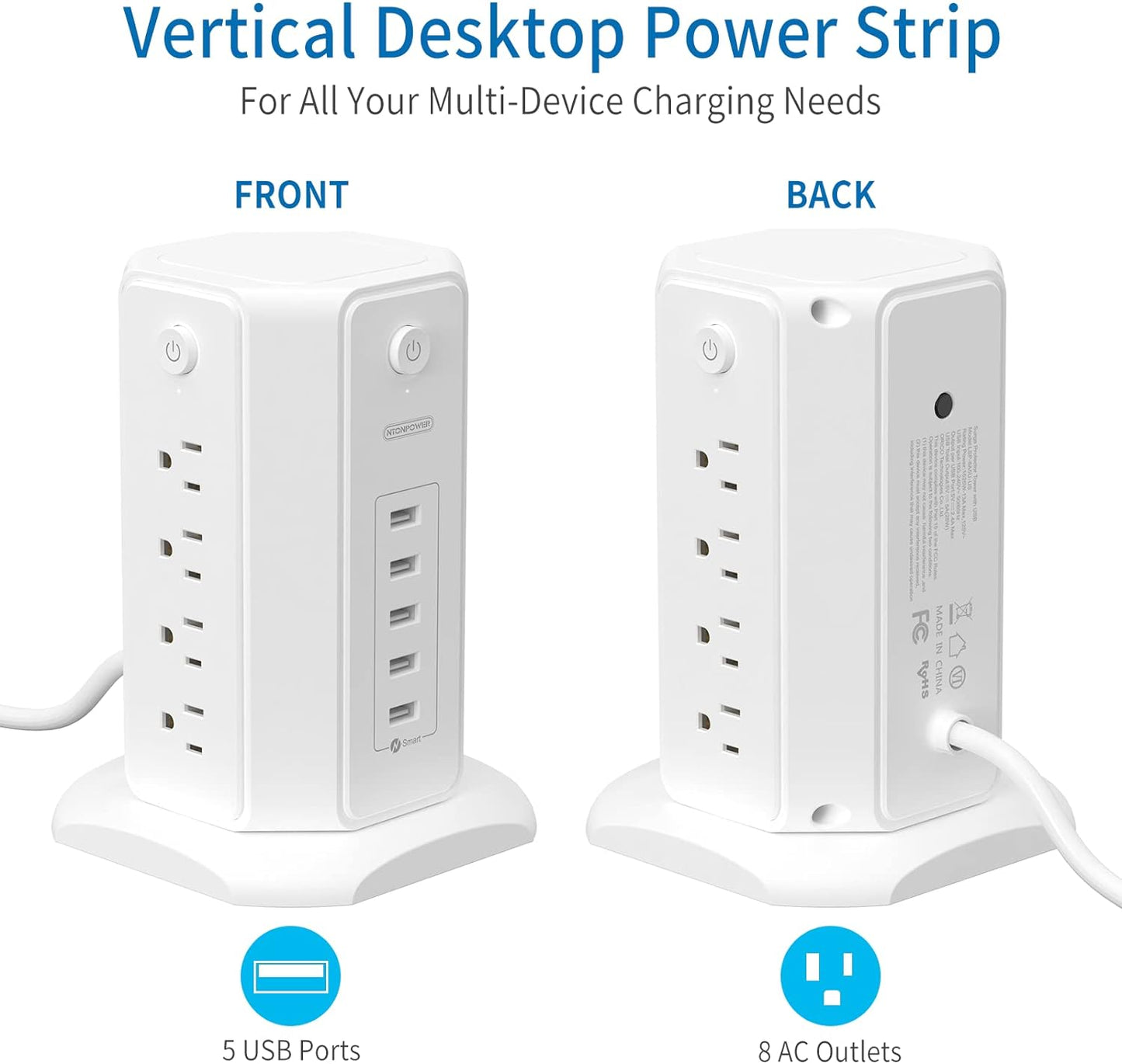 Power Strip Tower Surge Protector - Ultimate Charging Station with 8 Outlets, Perfect for Home and Office Use"