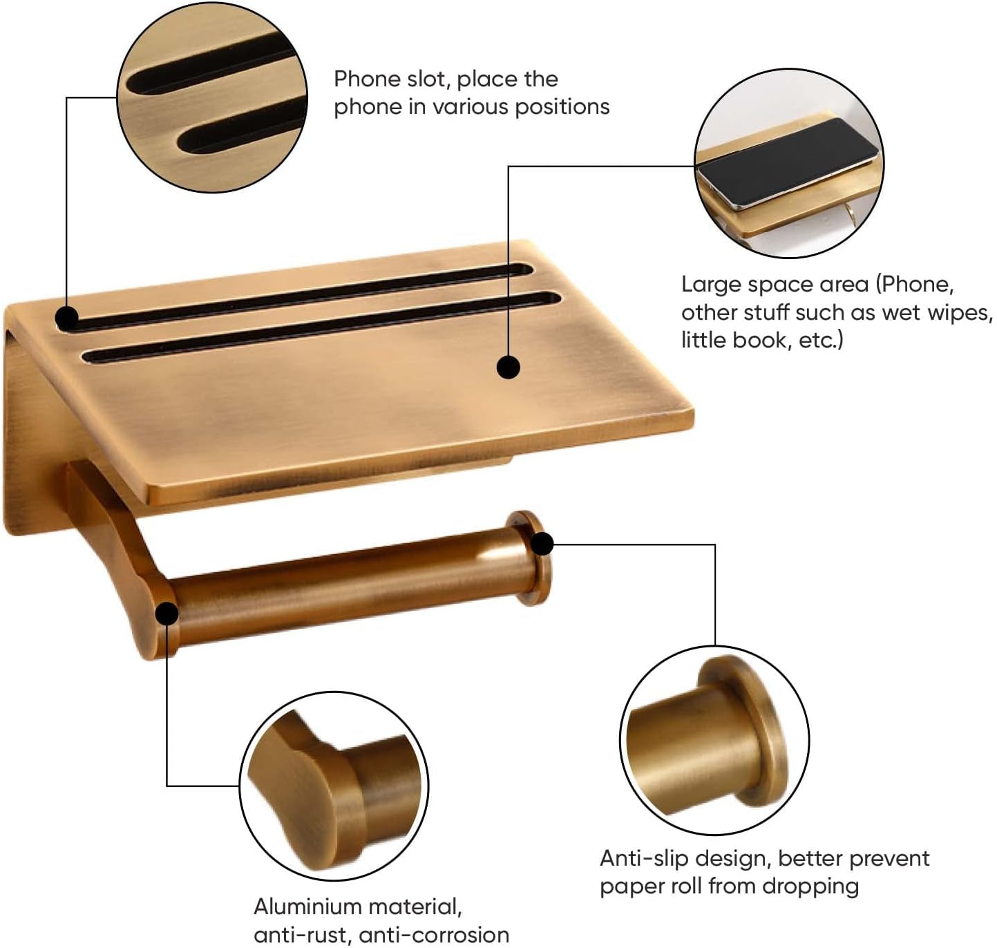 "Antique Brass Smarthome Toilet Paper Holder with Mobile Phone Shelf .