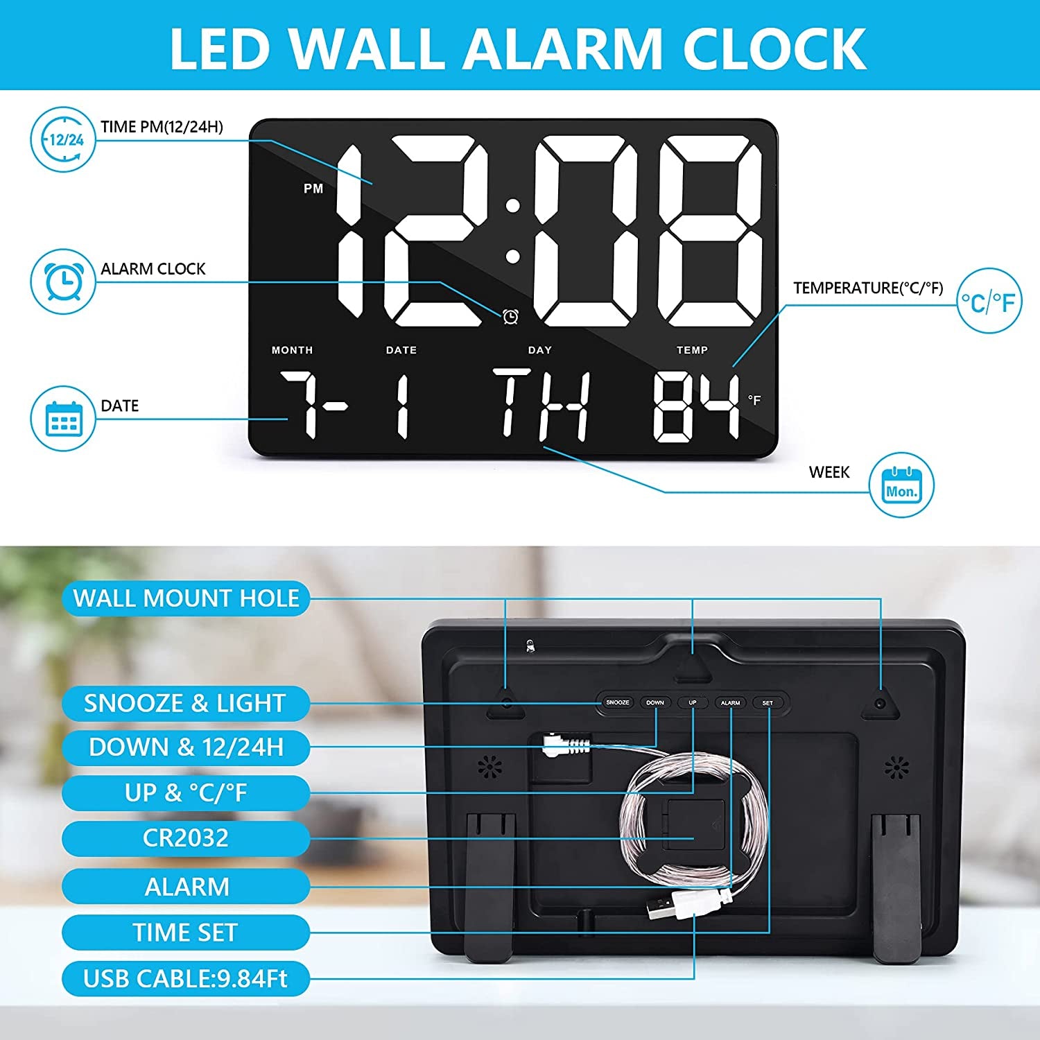 Digital Wall Clock Large Display, 11.5" LED Clock with Date, Temperature, Snooze, Adjustable Brightness, Remote Control Alarm Clock for Bedroom, Living Room, Classroom, Elderly, Kids