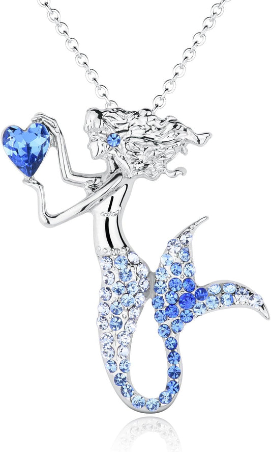 Luomart Fashion Mermaid Birthstone Necklace Jewelry White Gold Plated Austrian Crystal Pendant Gift for Girls Women